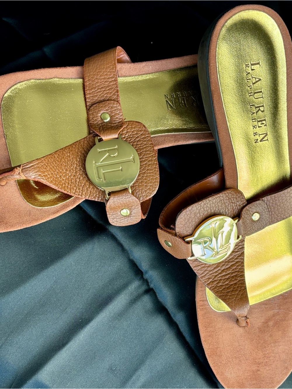 RALPH LAUREN Brown Leather Logo Thong Sandals with Gold Accents - Picture 7 of 9